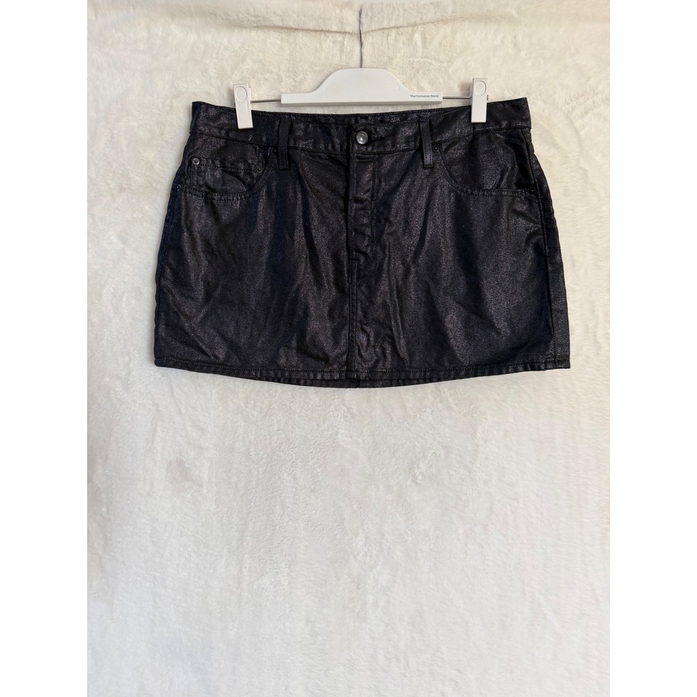 Levis Icon Skirt Womens 33 Black Metallic Coated Denim Mini Skirt Button Fly